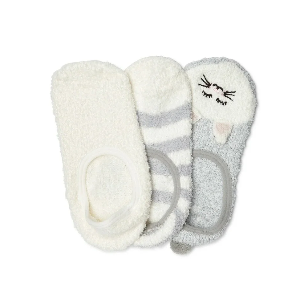 Secret Treasures Women's Cozy Fuzzy Liner Socks 3 Pair Shoe 4-10 Gray Kitty Cat